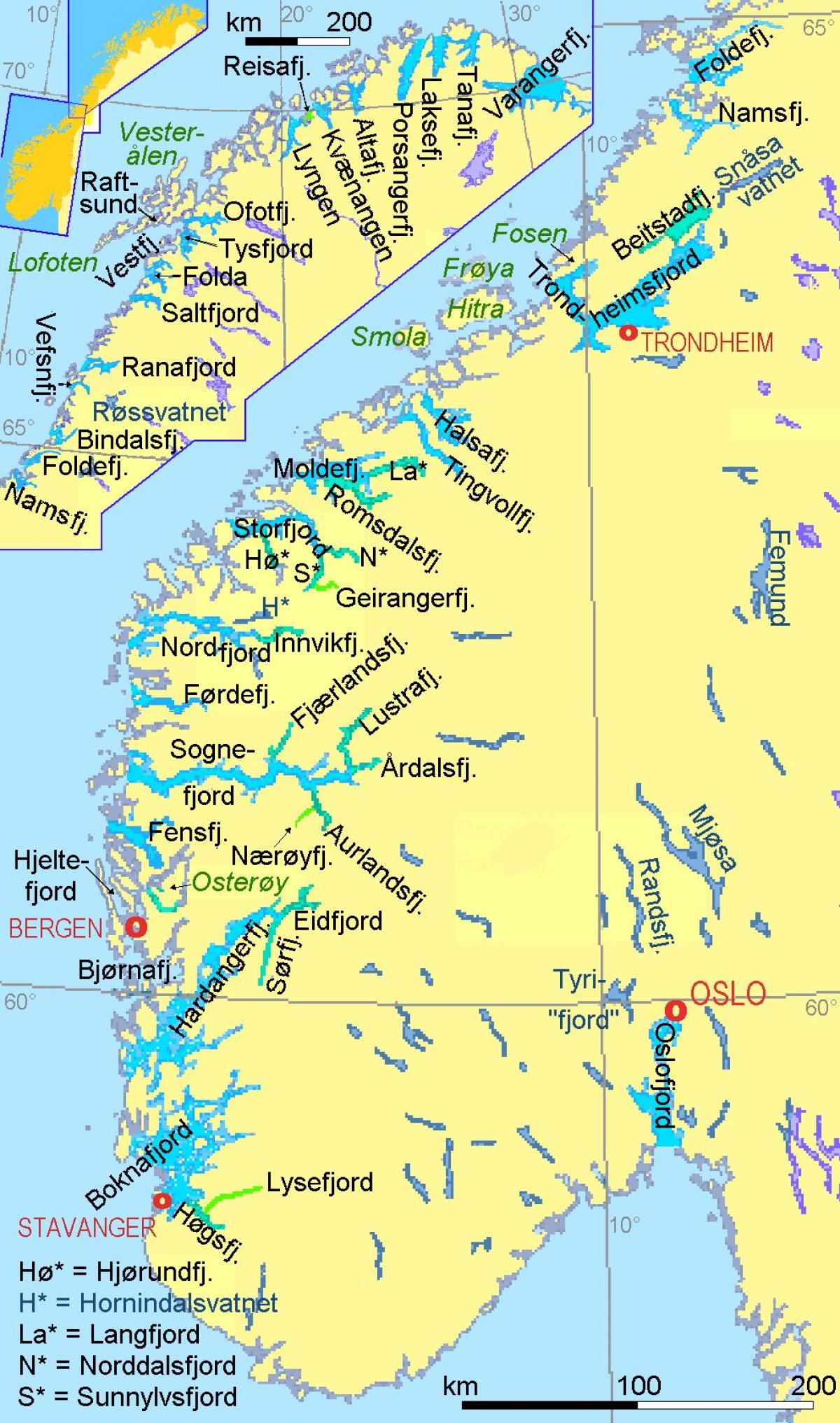 harta Norvegia arată fiorduri