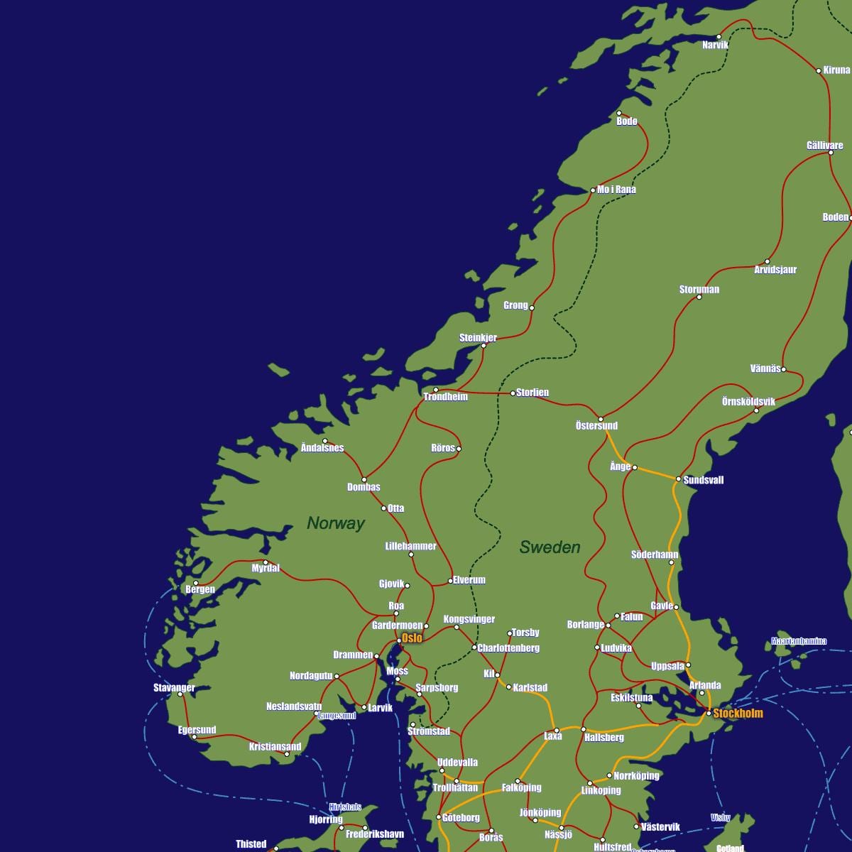 Harta Norvegiei pe rutele de tren