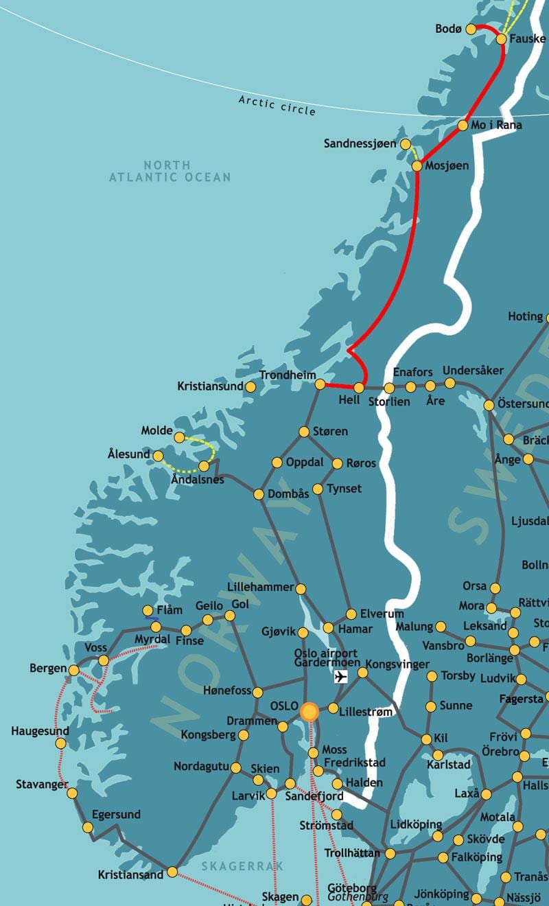 Harta Norvegia feroviare de nord